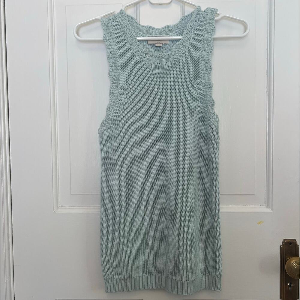 Loft Light Blue Knit Tank Sweater Crochet Scallop Trim 100% Cotton Women's XSP